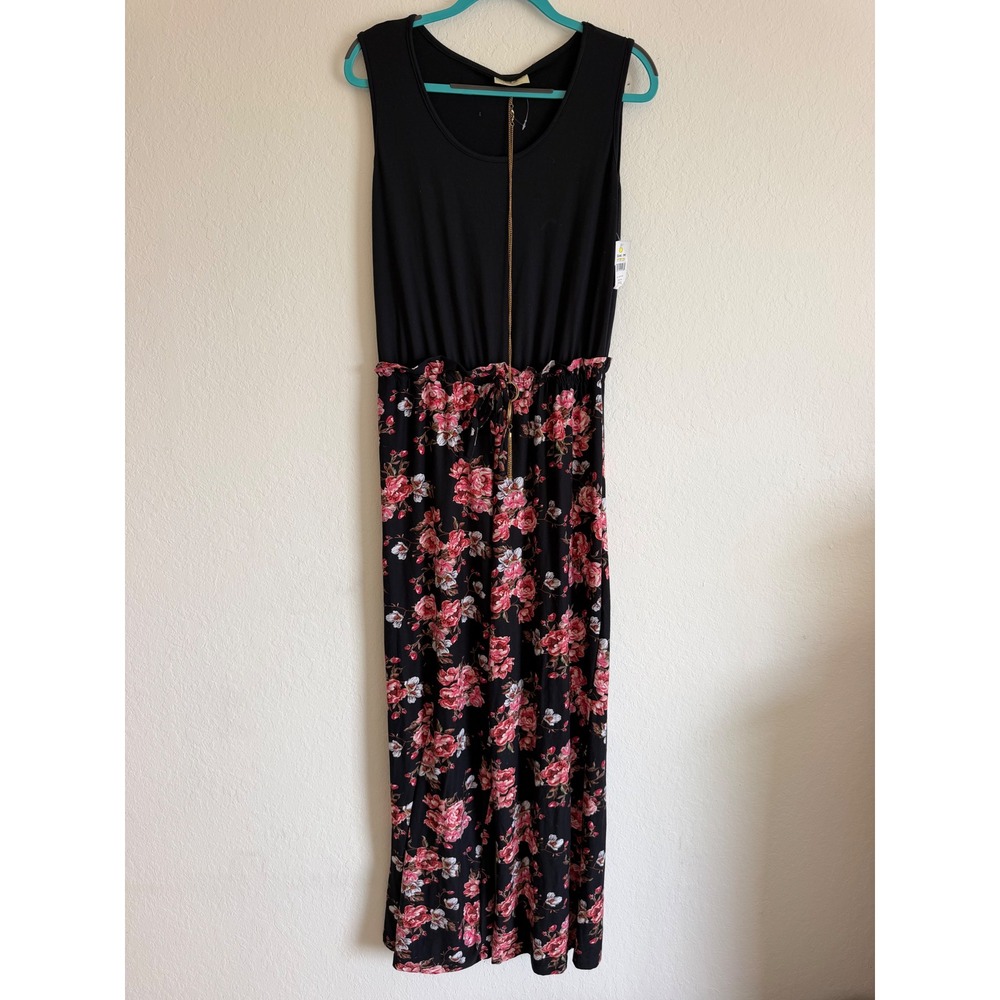 Bobbie Brooks Womens Floral Wide Leg Jumpsuit Black Pink Size M NWT Necklace